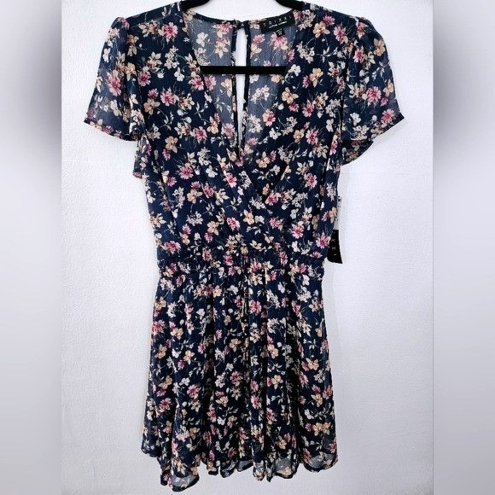 Trixxi Clothing Company Navy Floral Flutter Sleeve Cinched‎ Waist Dress XS NWT